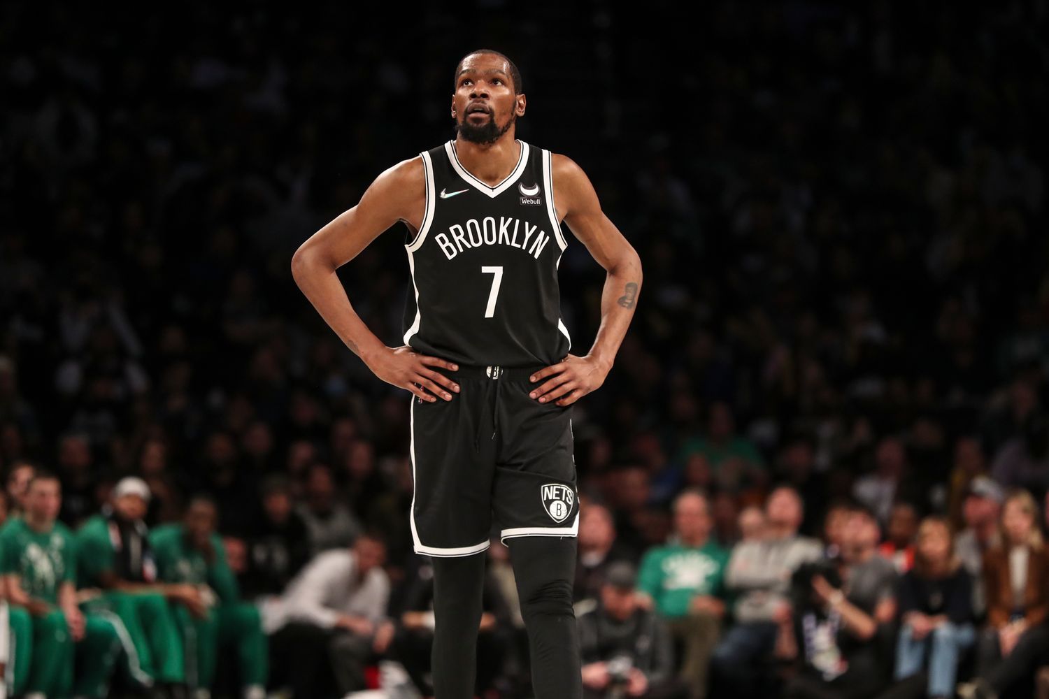 Brooklyn Nets forward Kevin Durant wore the Travis Scott x Air Jordan 1 'Reverse Mocha'.